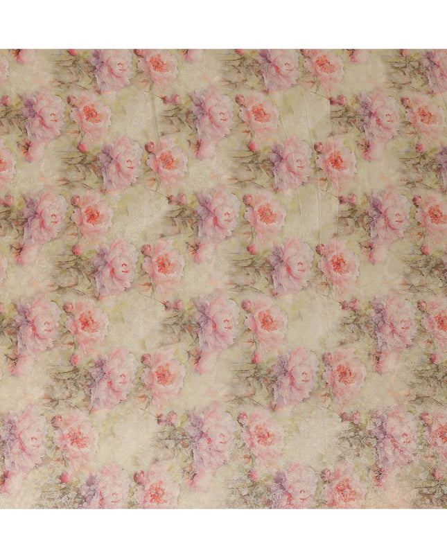 Champagne Beige Pink Floral Printed Viscose Modal Satin Fabric, Allover Soft Botanical Design Satin Weave Fabric, 110 Cms Width, Made in India-D27275