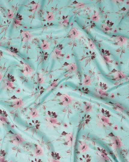 Aqua Mint Floral Printed Viscose Crepe Fabric, Allover Soft Botanical Design Lightweight Crepe Weave Fabric, 110 Cms Width, Made in India-D27281 - Regal Fabrics