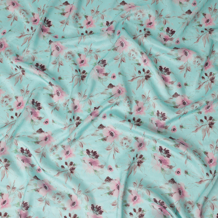 Aqua Mint Floral Printed Viscose Crepe Fabric, Allover Soft Botanical Design Lightweight Crepe Weave Fabric, 110 Cms Width, Made in India-D27281 - Regal Fabrics