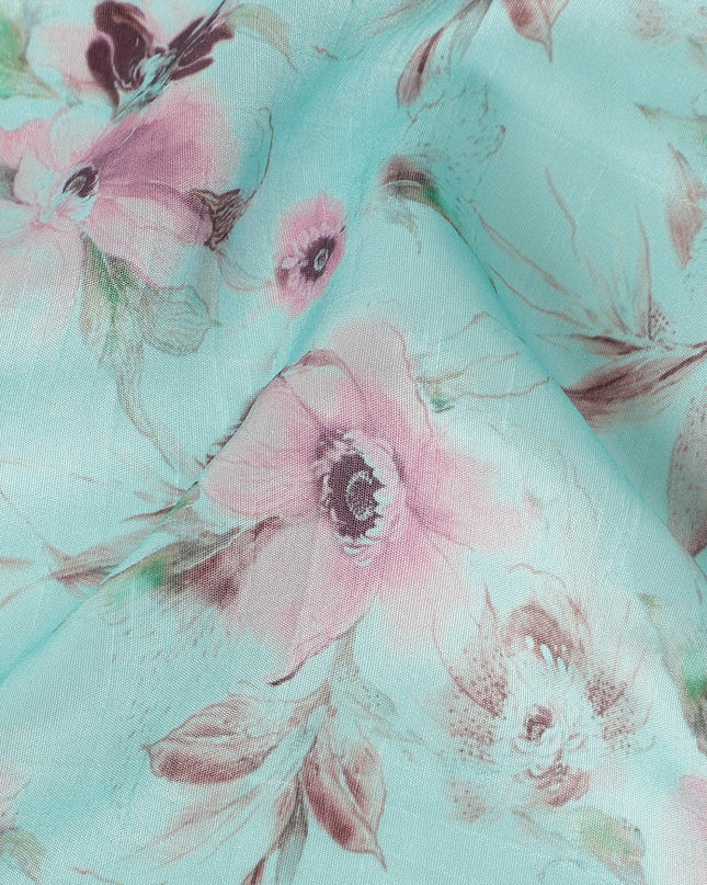 Aqua Mint Floral Printed Viscose Crepe Fabric, Allover Soft Botanical Design Lightweight Crepe Weave Fabric, 110 Cms Width, Made in India-D27281