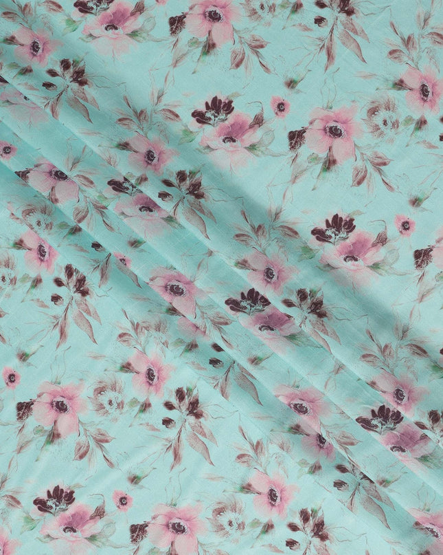 Aqua Mint Floral Printed Viscose Crepe Fabric, Allover Soft Botanical Design Lightweight Crepe Weave Fabric, 110 Cms Width, Made in India-D27281