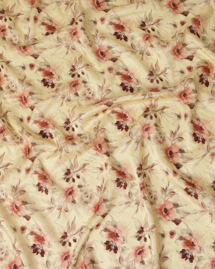 Butter Yellow Floral Printed Viscose Crepe Fabric, Allover Soft Botanical Design Lightweight Crepe Weave Fashion Fabric, 110 Cms Width, Made in India-D27278