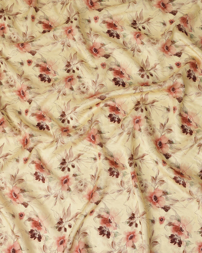 Butter Yellow Floral Printed Viscose Crepe Fabric, Allover Soft Botanical Design Lightweight Crepe Weave Fashion Fabric, 110 Cms Width, Made in India-D27278