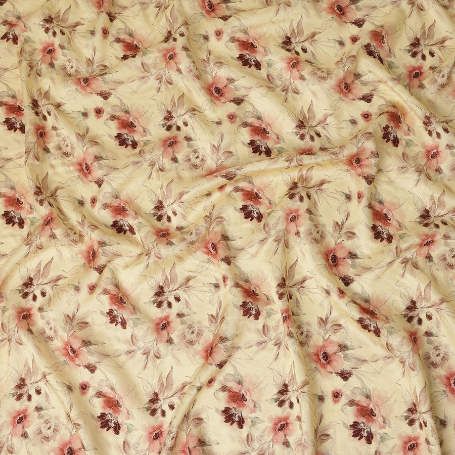 Butter Yellow Floral Printed Viscose Crepe Fabric, Allover Soft Botanical Design Lightweight Crepe Weave Fashion Fabric, 110 Cms Width, Made in India-D27278