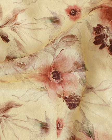 Butter Yellow Floral Printed Viscose Crepe Fabric, Allover Soft Botanical Design Lightweight Crepe Weave Fashion Fabric, 110 Cms Width, Made in India-D27278