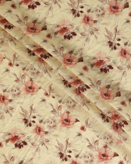 Butter Yellow Floral Printed Viscose Crepe Fabric, Allover Soft Botanical Design Lightweight Crepe Weave Fashion Fabric, 110 Cms Width, Made in India-D27278