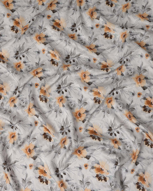 Light Grey Peach Floral Printed Viscose Crepe Fabric, Allover Delicate Botanical Design Lightweight Crepe Weave Fabric, 110 Cms Width, Made in India-D27280
