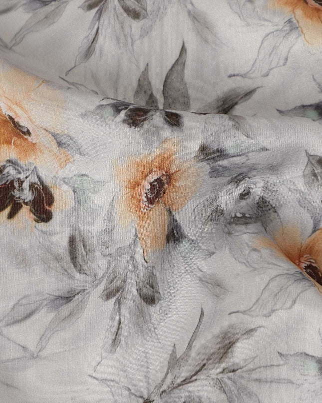 Light Grey Peach Floral Printed Viscose Crepe Fabric, Allover Delicate Botanical Design Lightweight Crepe Weave Fabric, 110 Cms Width, Made in India-D27280