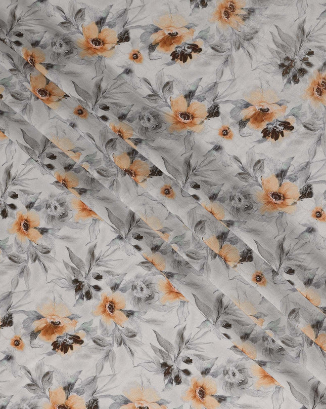 Light Grey Peach Floral Printed Viscose Crepe Fabric, Allover Delicate Botanical Design Lightweight Crepe Weave Fabric, 110 Cms Width, Made in India-D27280