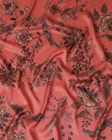 Coral Red Floral Printed Viscose Crepe Fabric, Allover Botanical Motif Lightweight Crepe Weave Fashion Fabric, 110 Cms Width, Made in India-D27279
