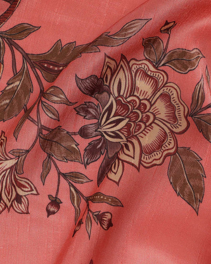 Coral Red Floral Printed Viscose Crepe Fabric, Allover Botanical Motif Lightweight Crepe Weave Fashion Fabric, 110 Cms Width, Made in India-D27279