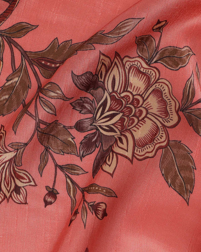 Coral Red Floral Printed Viscose Crepe Fabric, Allover Botanical Motif Lightweight Crepe Weave Fashion Fabric, 110 Cms Width, Made in India-D27279