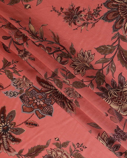Coral Red Floral Printed Viscose Crepe Fabric, Allover Botanical Motif Lightweight Crepe Weave Fashion Fabric, 110 Cms Width, Made in India-D27279