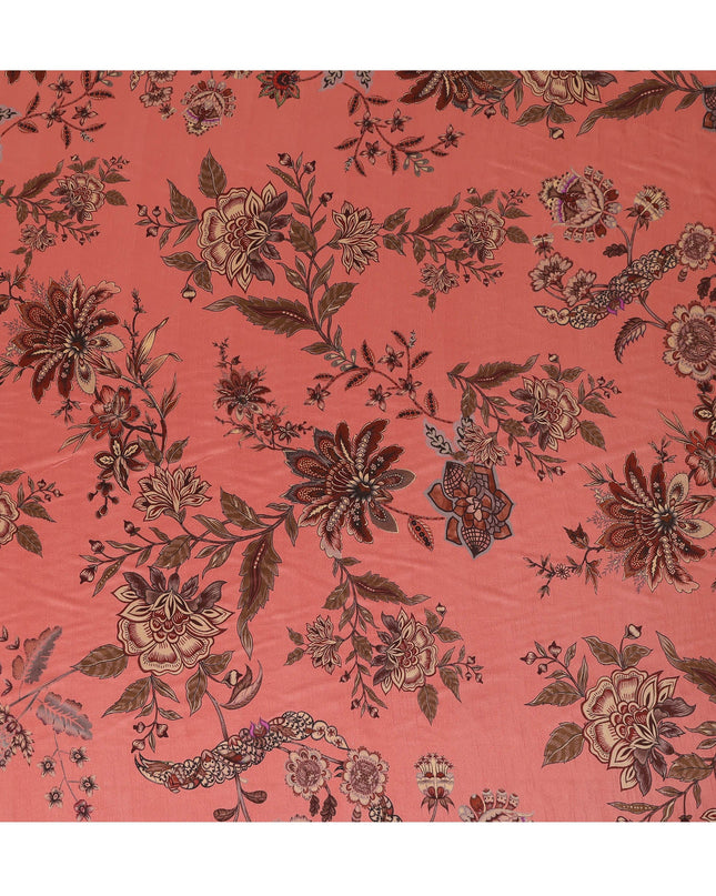 Coral Red Floral Printed Viscose Crepe Fabric, Allover Botanical Motif Lightweight Crepe Weave Fashion Fabric, 110 Cms Width, Made in India-D27279