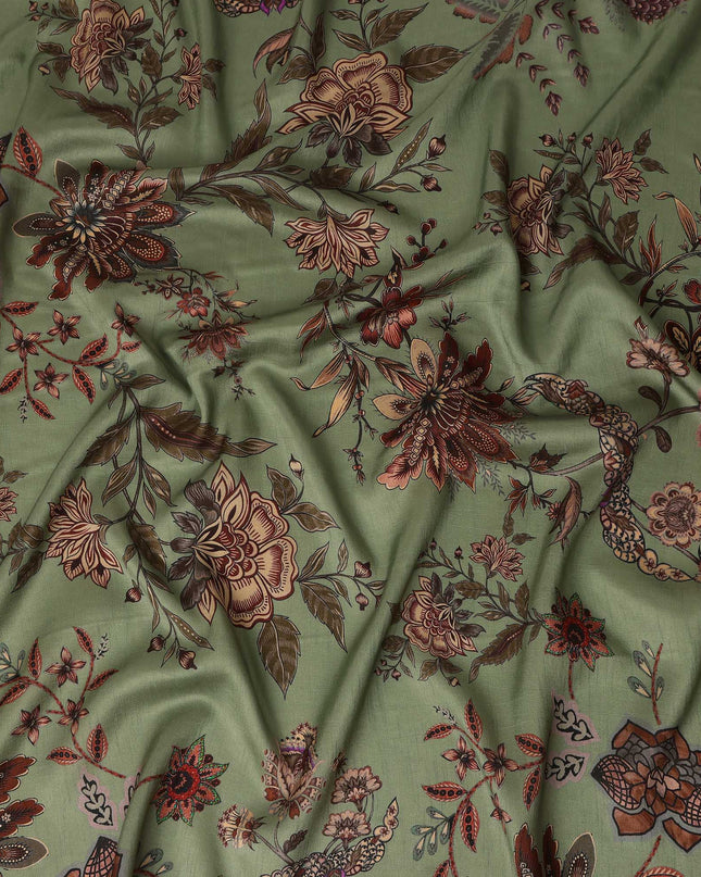 Olive Green Floral Printed Viscose Crepe Fabric, Allover Botanical Design Lightweight Crepe Weave Fashion Fabric, 110 Cms Width, Made in India-D27277