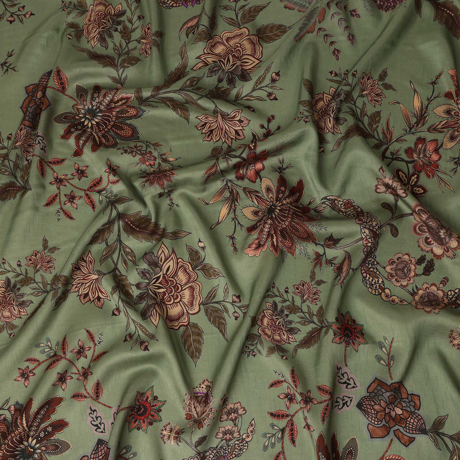 Olive Green Floral Printed Viscose Crepe Fabric, Allover Botanical Design Lightweight Crepe Weave Fashion Fabric, 110 Cms Width, Made in India-D27277 - Regal Fabrics
