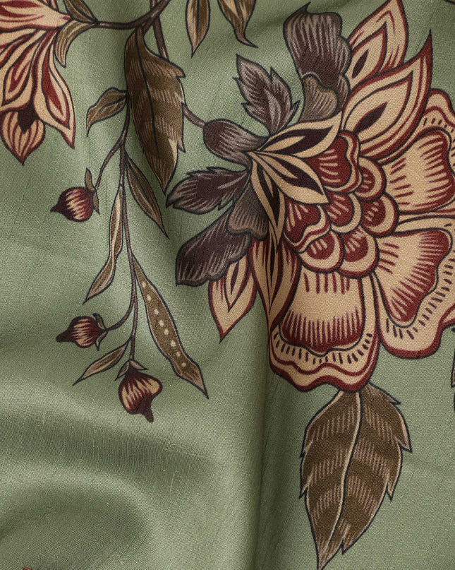 Olive Green Floral Printed Viscose Crepe Fabric, Allover Botanical Design Lightweight Crepe Weave Fashion Fabric, 110 Cms Width, Made in India-D27277