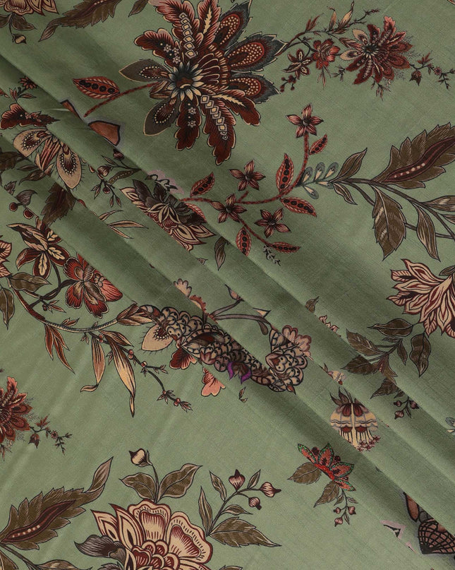 Olive Green Floral Printed Viscose Crepe Fabric, Allover Botanical Design Lightweight Crepe Weave Fashion Fabric, 110 Cms Width, Made in India-D27277