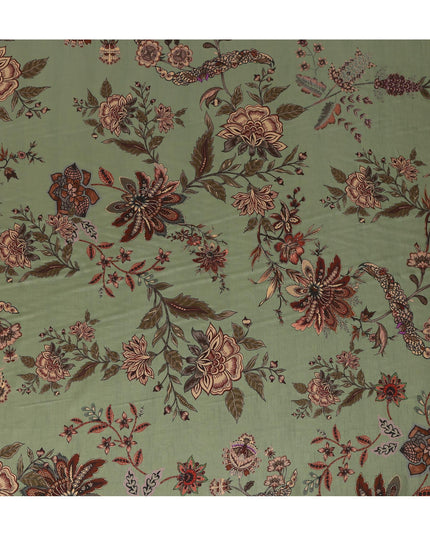 Olive Green Floral Printed Viscose Crepe Fabric, Allover Botanical Design Lightweight Crepe Weave Fashion Fabric, 110 Cms Width, Made in India-D27277 - Regal Fabrics