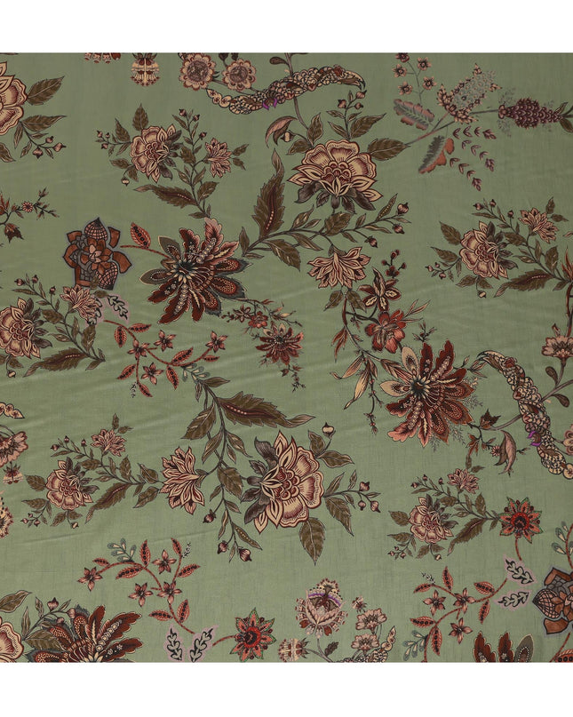 Olive Green Floral Printed Viscose Crepe Fabric, Allover Botanical Design Lightweight Crepe Weave Fashion Fabric, 110 Cms Width, Made in India-D27277