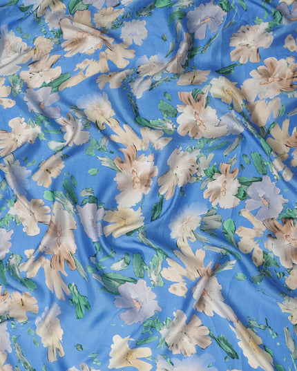 Sky Blue Abstract Watercolor Floral Print Viscose Modal Satin Fabric, 110 Cms Width, Made in India-D28270