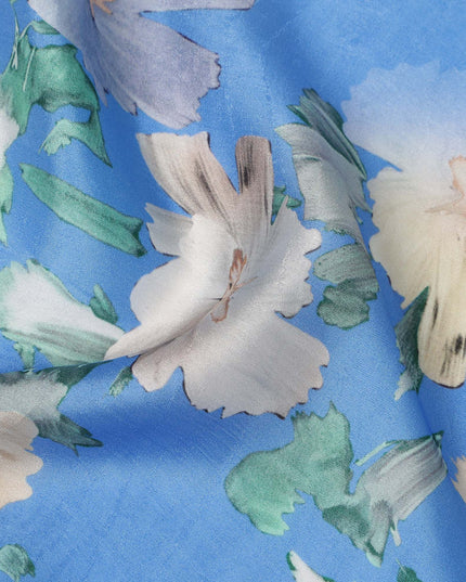Sky Blue Abstract Watercolor Floral Print Viscose Modal Satin Fabric, 110 Cms Width, Made in India-D28270