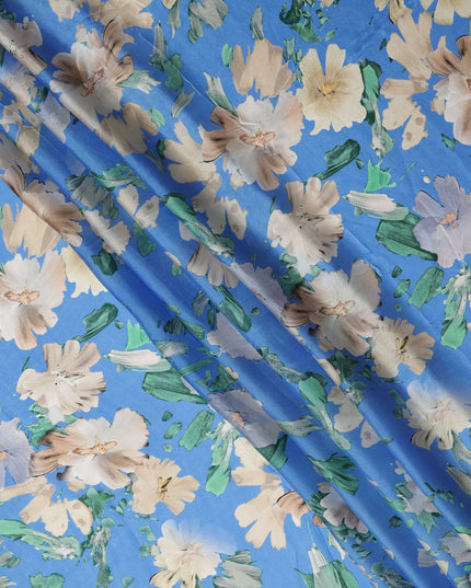Sky Blue Abstract Watercolor Floral Print Viscose Modal Satin Fabric, 110 Cms Width, Made in India-D28270