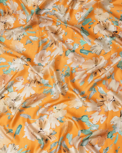 Orange Abstract Watercolor Floral Print Viscose Modal Satin Fabric, 110 Cms Width, Made in India-D28268