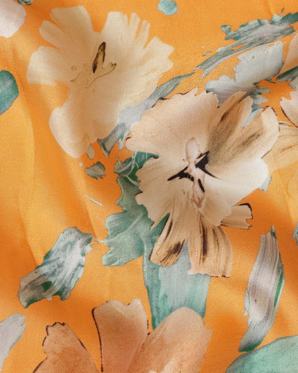 Orange Abstract Watercolor Floral Print Viscose Modal Satin Fabric, 110 Cms Width, Made in India-D28268