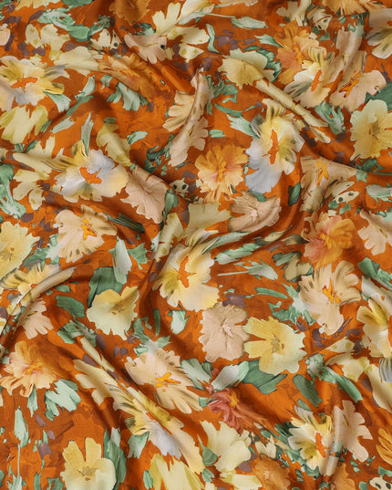 Rust Orange Abstract Watercolor Floral Print Viscose Modal Satin Fabric, 110 Cms Width, Made in India-D28269