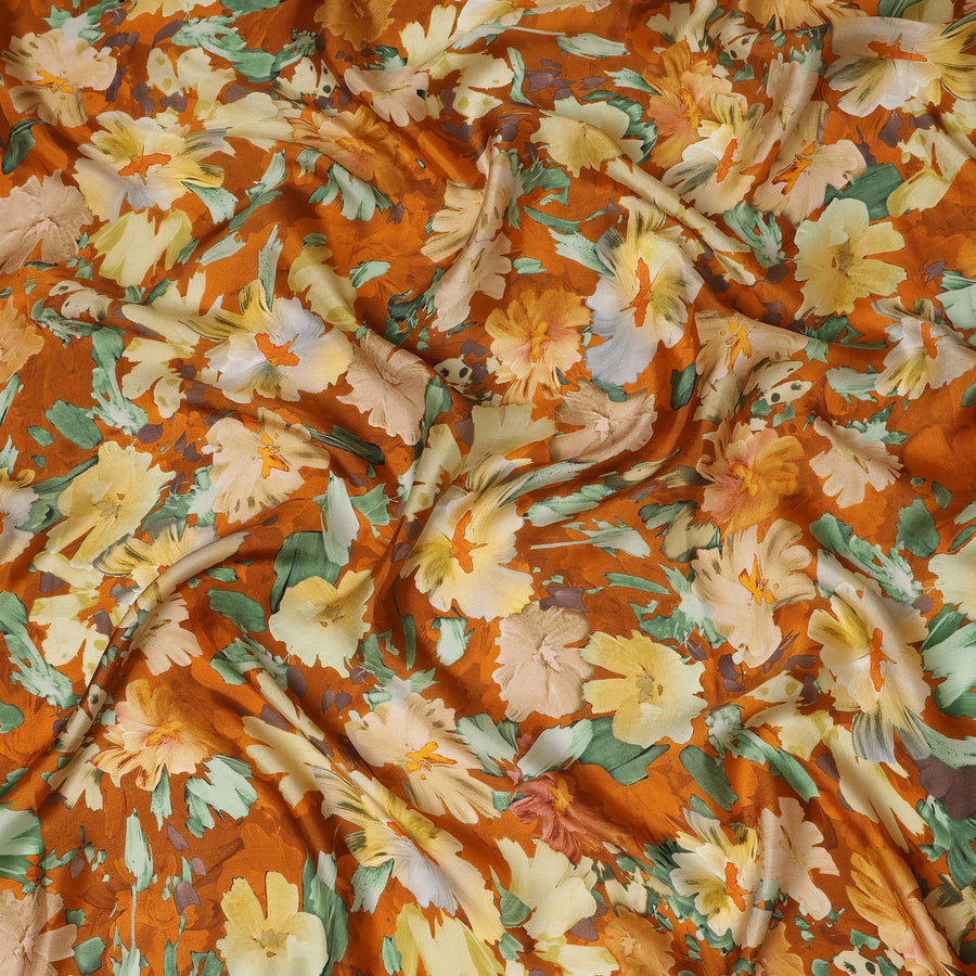 Rust Orange Abstract Watercolor Floral Print Viscose Modal Satin Fabric, 110 Cms Width, Made in India-D28269