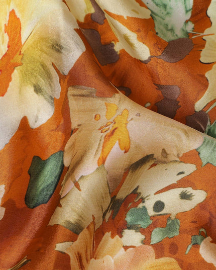 Rust Orange Abstract Watercolor Floral Print Viscose Modal Satin Fabric, 110 Cms Width, Made in India-D28269