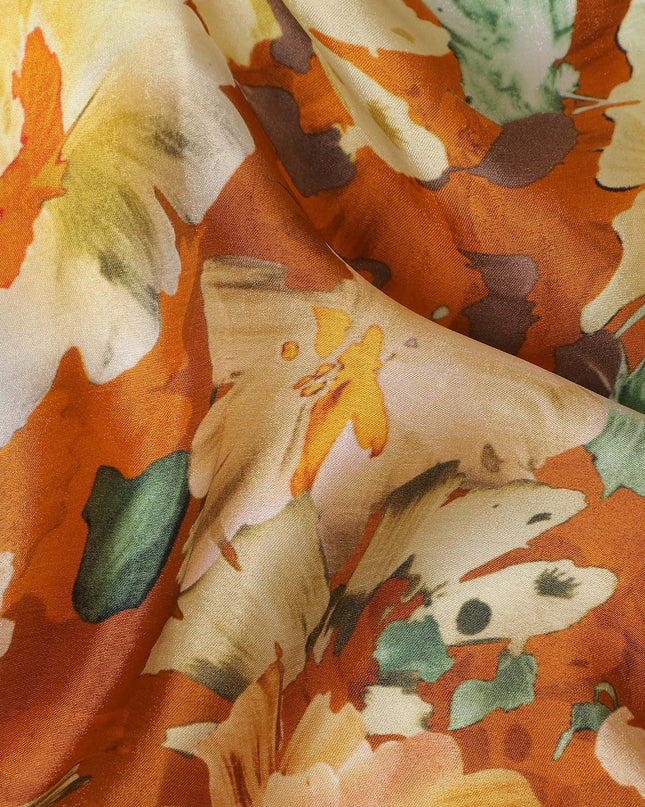 Rust Orange Abstract Watercolor Floral Print Viscose Modal Satin Fabric, 110 Cms Width, Made in India-D28269
