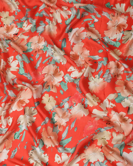 Red Abstract Watercolor Floral Print Viscose Modal Satin Fabric, 110 Cms Width, Made in India-D28267