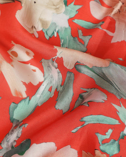 Red Abstract Watercolor Floral Print Viscose Modal Satin Fabric, 110 Cms Width, Made in India-D28267