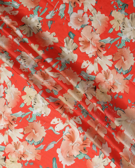 Red Abstract Watercolor Floral Print Viscose Modal Satin Fabric, 110 Cms Width, Made in India-D28267