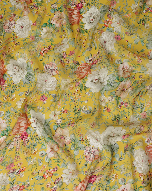Mustard Yellow Floral Printed Viscose Modal Satin Fabric, Allover Botanical Flower Design Satin Weave Fabric, 110 Cms Width, Made in India-D27284 - Regal Fabrics