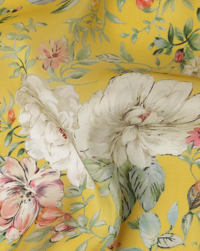 Mustard Yellow Floral Printed Viscose Modal Satin Fabric, Allover Botanical Flower Design Satin Weave Fabric, 110 Cms Width, Made in India-D27284 - Regal Fabrics