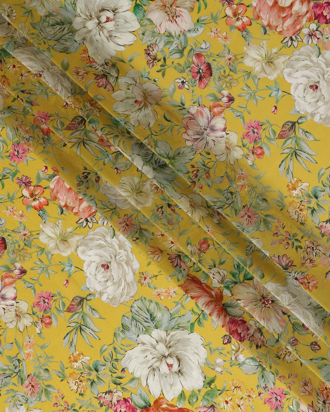 Mustard Yellow Floral Printed Viscose Modal Satin Fabric, Allover Botanical Flower Design Satin Weave Fabric, 110 Cms Width, Made in India-D27284 - Regal Fabrics