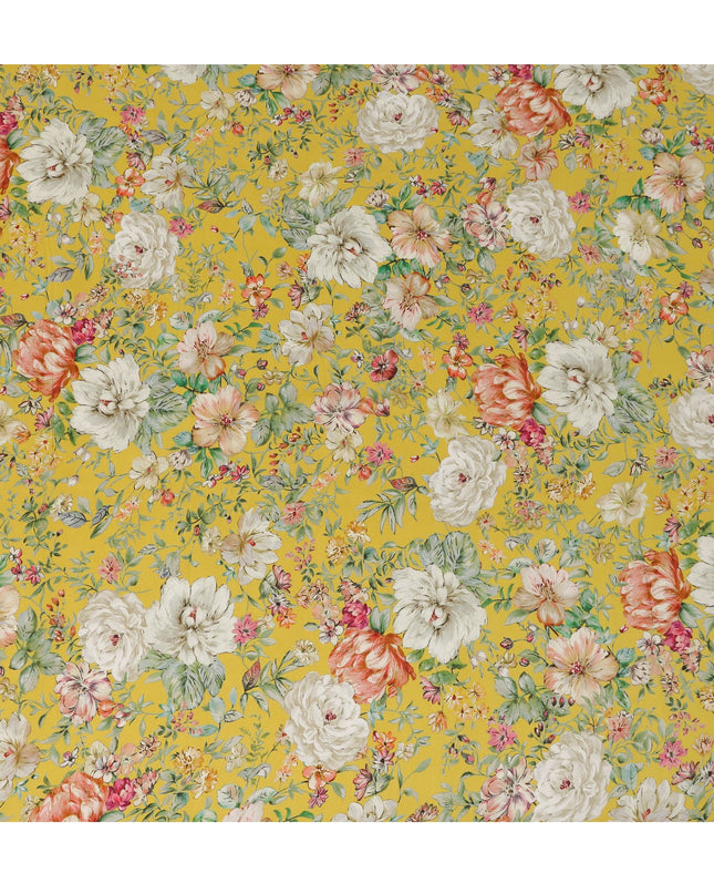 Mustard Yellow Floral Printed Viscose Modal Satin Fabric, Allover Botanical Flower Design Satin Weave Fabric, 110 Cms Width, Made in India-D27284 - Regal Fabrics