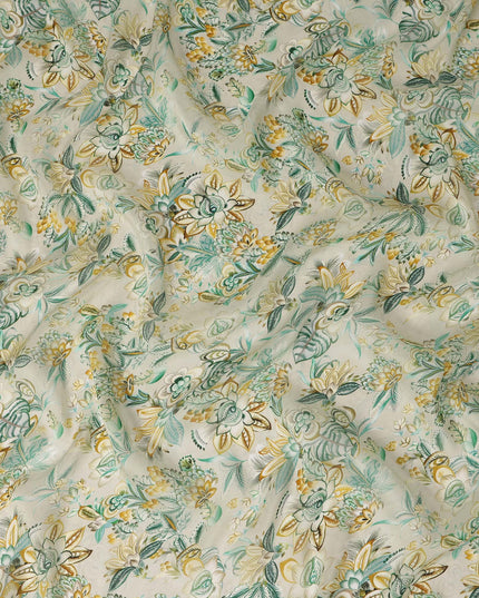 Cream Ivory Floral Printed Viscose Modal Satin Fabric, Allover Botanical Leaf and Flower Design Satin Weave Fabric, 110 Cms Width, Made in India-D27283