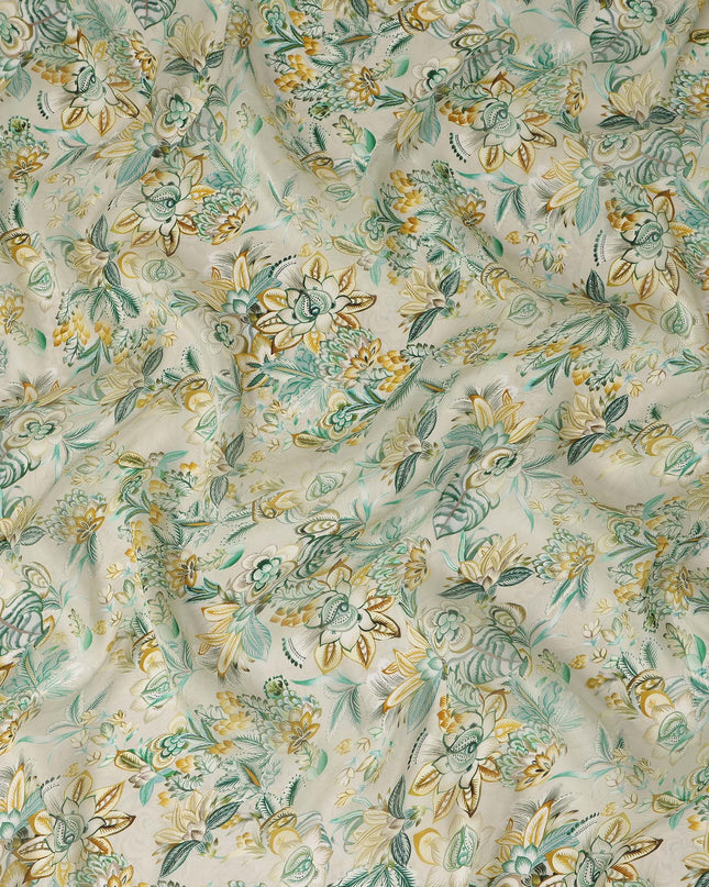 Cream Ivory Floral Printed Viscose Modal Satin Fabric, Allover Botanical Leaf and Flower Design Satin Weave Fabric, 110 Cms Width, Made in India-D27283