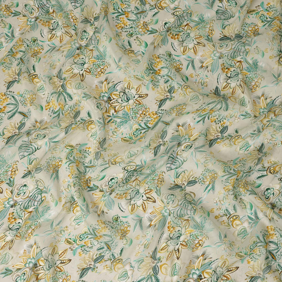Cream Ivory Floral Printed Viscose Modal Satin Fabric, Allover Botanical Leaf and Flower Design Satin Weave Fabric, 110 Cms Width, Made in India-D27283