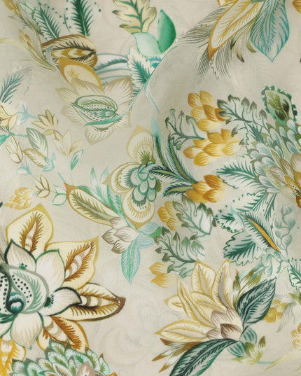 Cream Ivory Floral Printed Viscose Modal Satin Fabric, Allover Botanical Leaf and Flower Design Satin Weave Fabric, 110 Cms Width, Made in India-D27283