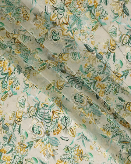 Cream Ivory Floral Printed Viscose Modal Satin Fabric, Allover Botanical Leaf and Flower Design Satin Weave Fabric, 110 Cms Width, Made in India-D27283