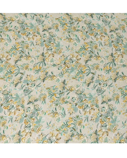 Cream Ivory Floral Printed Viscose Modal Satin Fabric, Allover Botanical Leaf and Flower Design Satin Weave Fabric, 110 Cms Width, Made in India-D27283