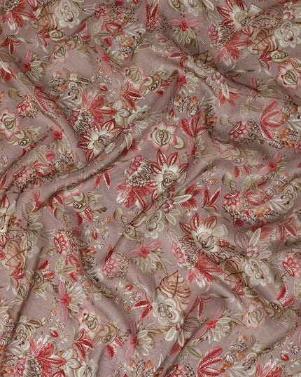 Dusty Mauve Floral Printed Viscose Modal Satin Fabric, Allover Botanical Motif Satin Weave Fashion Fabric, 110 Cms Width, Made in India-D27282