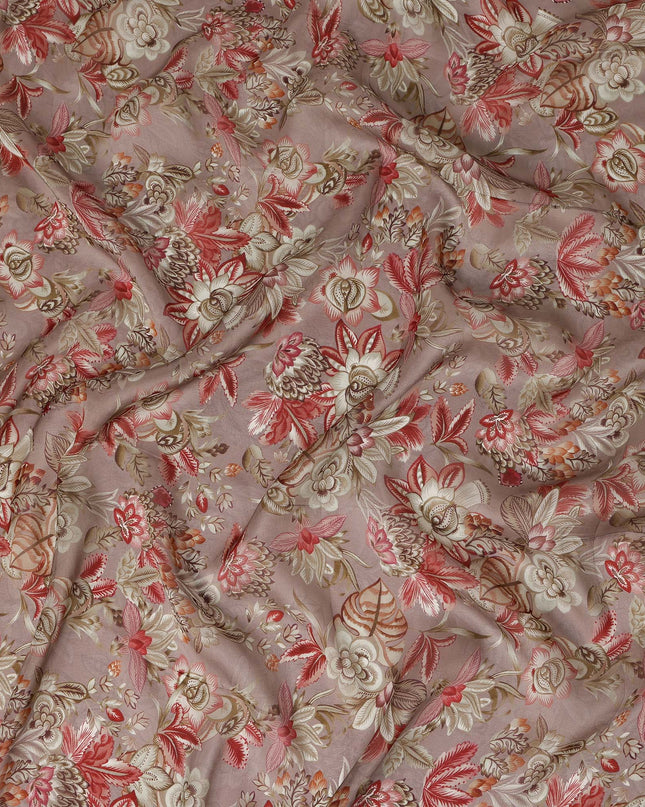 Dusty Mauve Floral Printed Viscose Modal Satin Fabric, Allover Botanical Motif Satin Weave Fashion Fabric, 110 Cms Width, Made in India-D27282