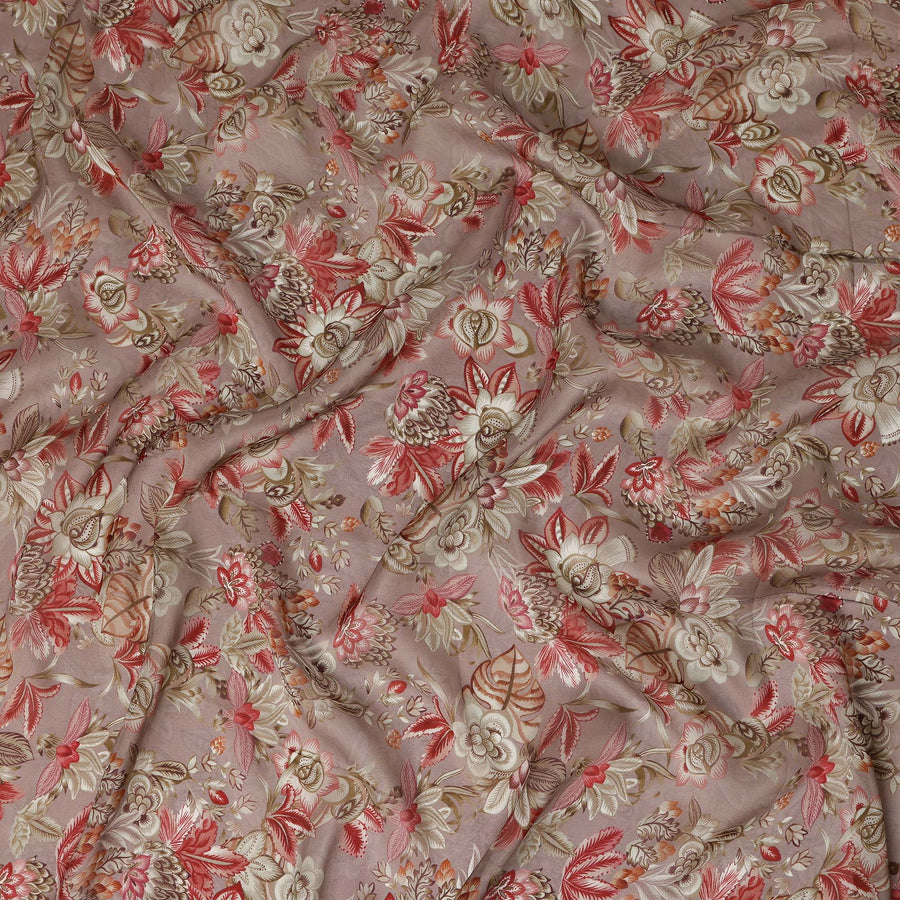 Dusty Mauve Floral Printed Viscose Modal Satin Fabric, Allover Botanical Motif Satin Weave Fashion Fabric, 110 Cms Width, Made in India-D27282