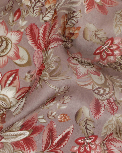 Dusty Mauve Floral Printed Viscose Modal Satin Fabric, Allover Botanical Motif Satin Weave Fashion Fabric, 110 Cms Width, Made in India-D27282
